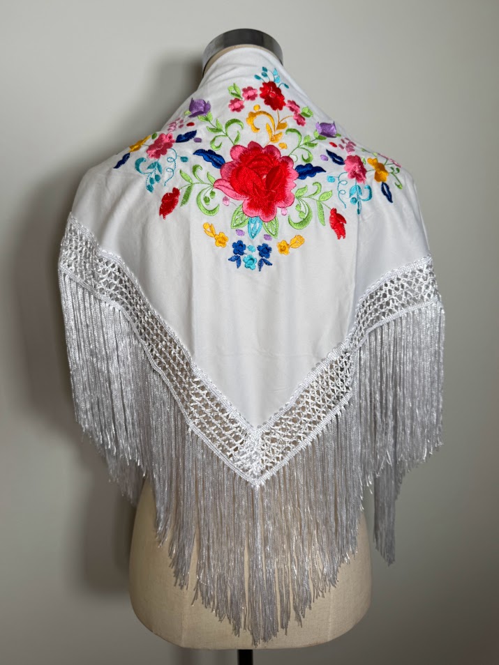 Mantón poliéster niña blanco bordado colorido