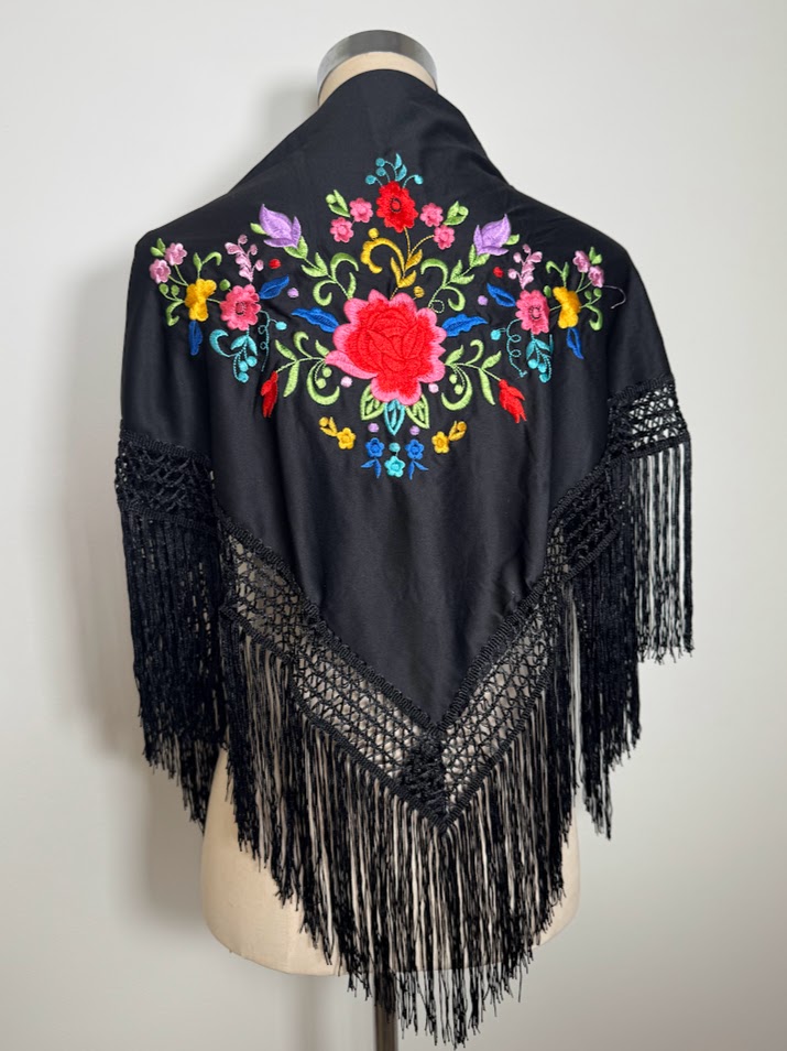 Mantón poliéster niña negro bordado colorido