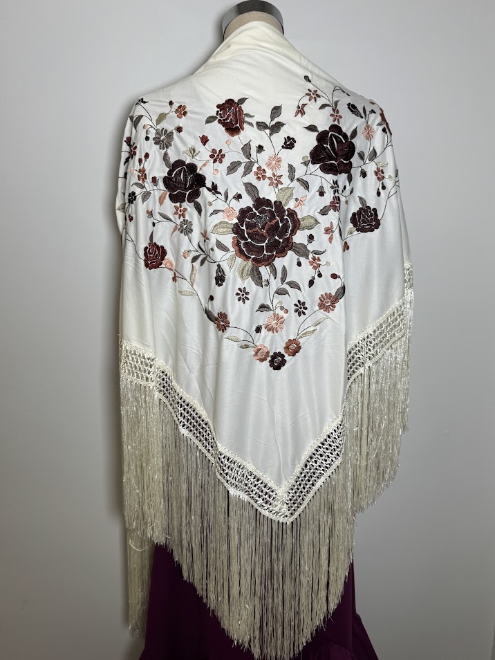 Mantón poliéster beige bordado marron