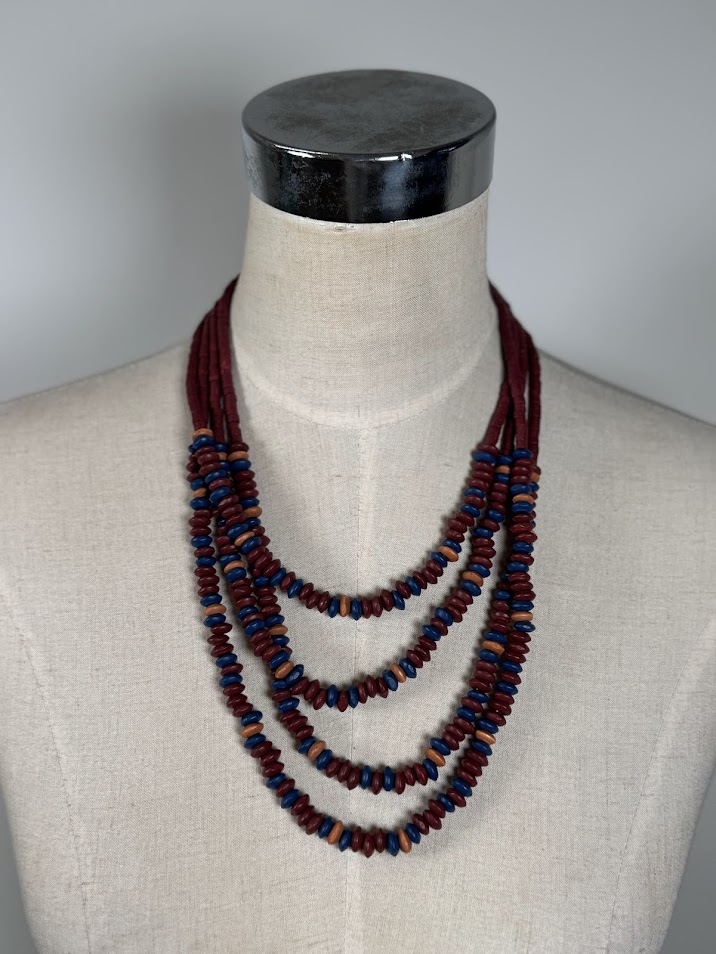 Collar madera burdeos y azul